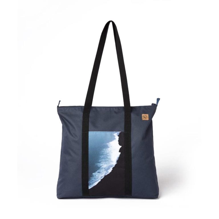 Ten Tree brand daily tote bag in dark blue with a waves print; made with REPREVE fabric and BLOOM foam padding
