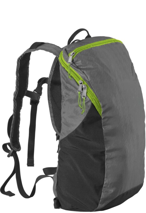 Environmentally friendly Chico Bags brand recycled plastics collapsible travel pack sitting vertically.