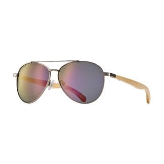 Blue Planet Eyewear aviators with matte silver frame, natural beechwood temple, and rose mirror polarized lens; made from recycled and/or natural materials