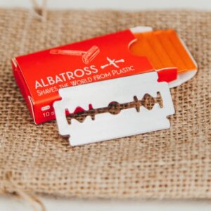 Close up of refill blade box for plastic-free metal safety razor from Albatross