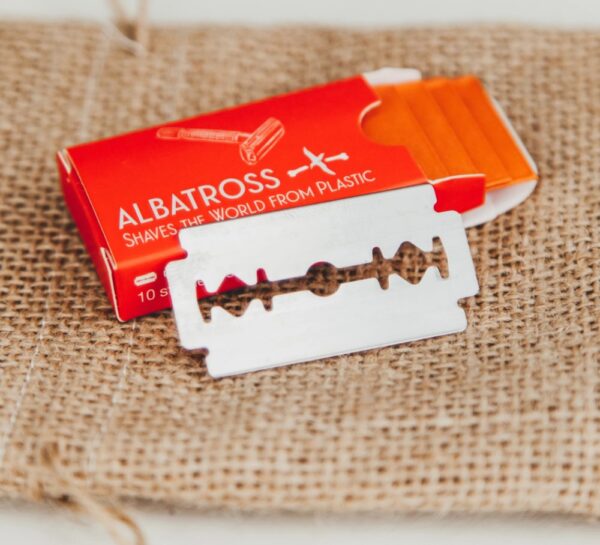 Close up of refill blade box for plastic-free metal safety razor from Albatross