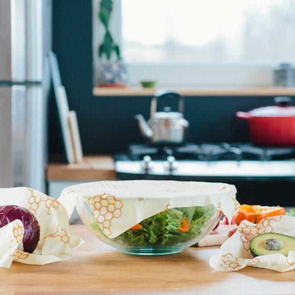 Beeswrap brand three pack of assorted food and bowl wraps; made with organic cotton and sustainably sourced beeswax
