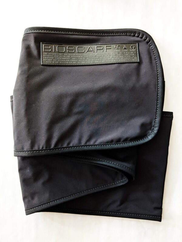 Slightly unfolded view of eco friendly, recycled black Bioscarf instead of a face mask