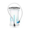 Product display of environmentally friendly reusable Hydrapak brand durable shape shift 2 liter clear hydration reservoir with clear hose and drinking nozzle in grey and blue.