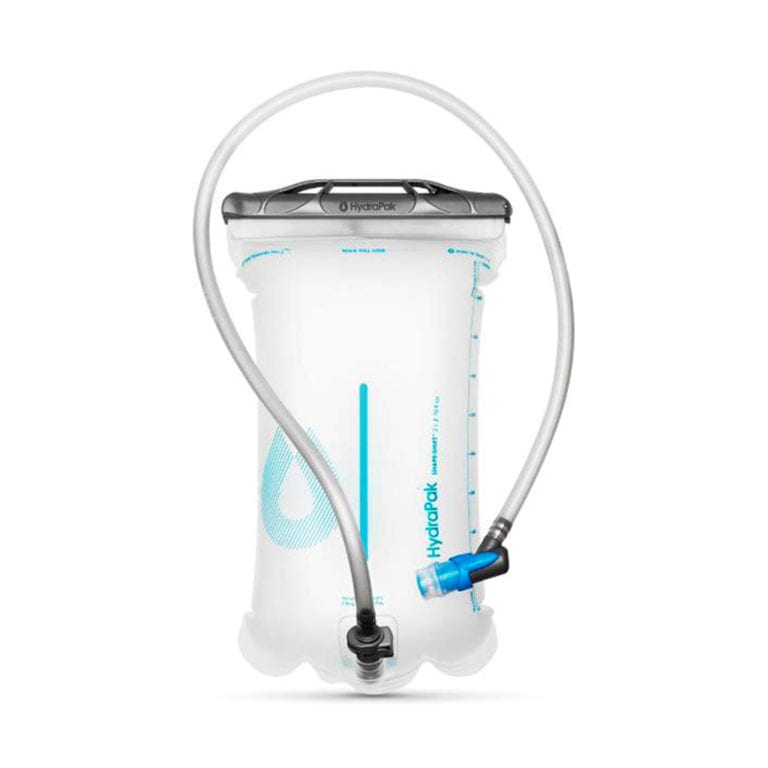 Product display of environmentally friendly reusable Hydrapak brand durable shape shift 2 liter clear hydration reservoir with clear hose and drinking nozzle in grey and blue.