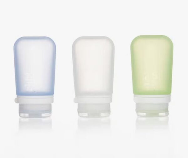 Set of 3 2.5 ounce squeezable silicone bottles for eco-friendly travel