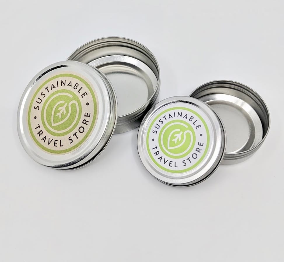 Sustainable Travel & Living branded reusable travel tins; perfect for shampoo bars and other storage needs while traveling