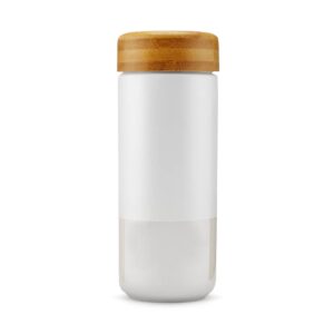 Soma brand eco friendly pearl white insulated ceramic travel mug with bamboo cap.