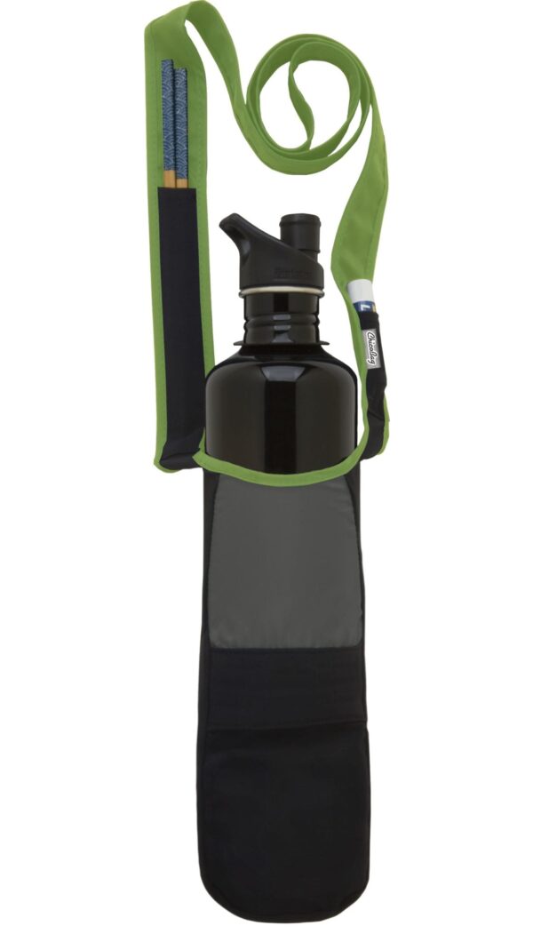Zoomed in product display of the Limestone color Chico Bag brand bottle sling bag holding a black metal bottle.