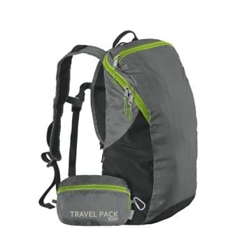 Environmentally friendly Chico Bags brand recycled plastics collapsible travel pack with display of fully collapsed bag positioned at the base of vertically displayed bag.