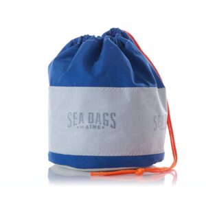 Sea Bags brand ditty bag with drawstring in blue and white; handcrafted from recycled sails and using eco-friendly dyes