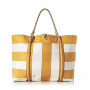 Sea Bags brand large beach tote with white and yellow stripes; made with recycled sailcloth and hemp handles.