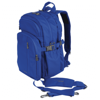 Front side angle product display for sustainable Lite Gear brand recycled polyester Mobile Pro blue travel backpack with blue shoulder strap accessory displayed.