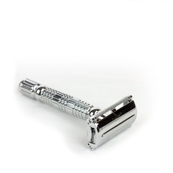 Albatross brand eco friendly plastic-free stainless steel flagship butterfly safety razor close up display.