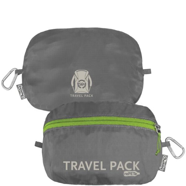 Two fully collapsed eco friendly recycled plastics collapsible travel pack displaying the front and back of the pouch.