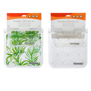 Low waste reusable lunch bag sets in green leaves and gold geo prints