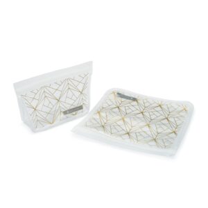 Eco friendly reusable zip top lunch bag set in gold geo design