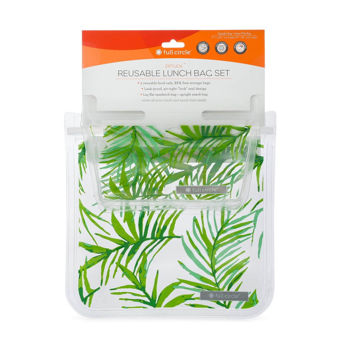 ZIPTUCK-PALM-LEAVES-LUNCH-BAG-SET Eco friendly reusable zip top lunch bag set in green palm leaves design