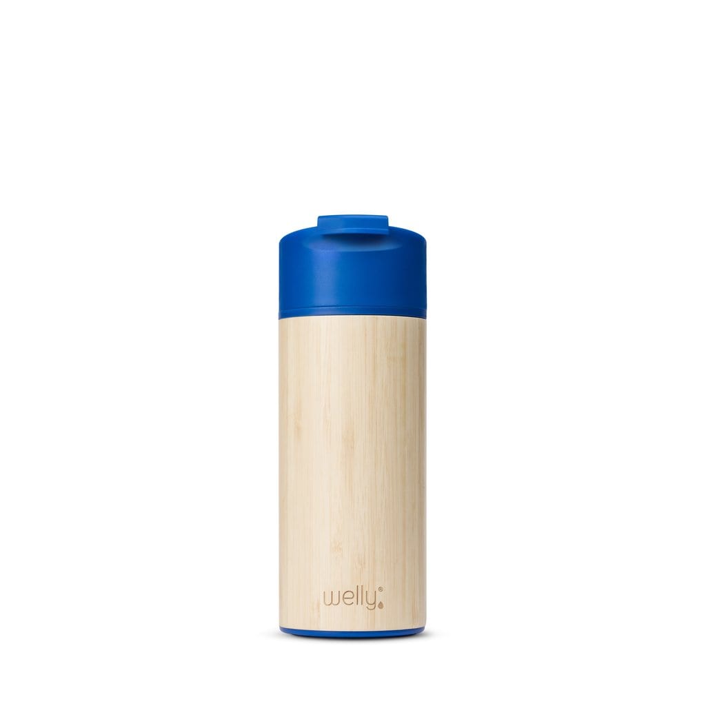 Reusable eco friendly Welly brand Original 12 oz blue colored mug made from bamboo and stainless steel.