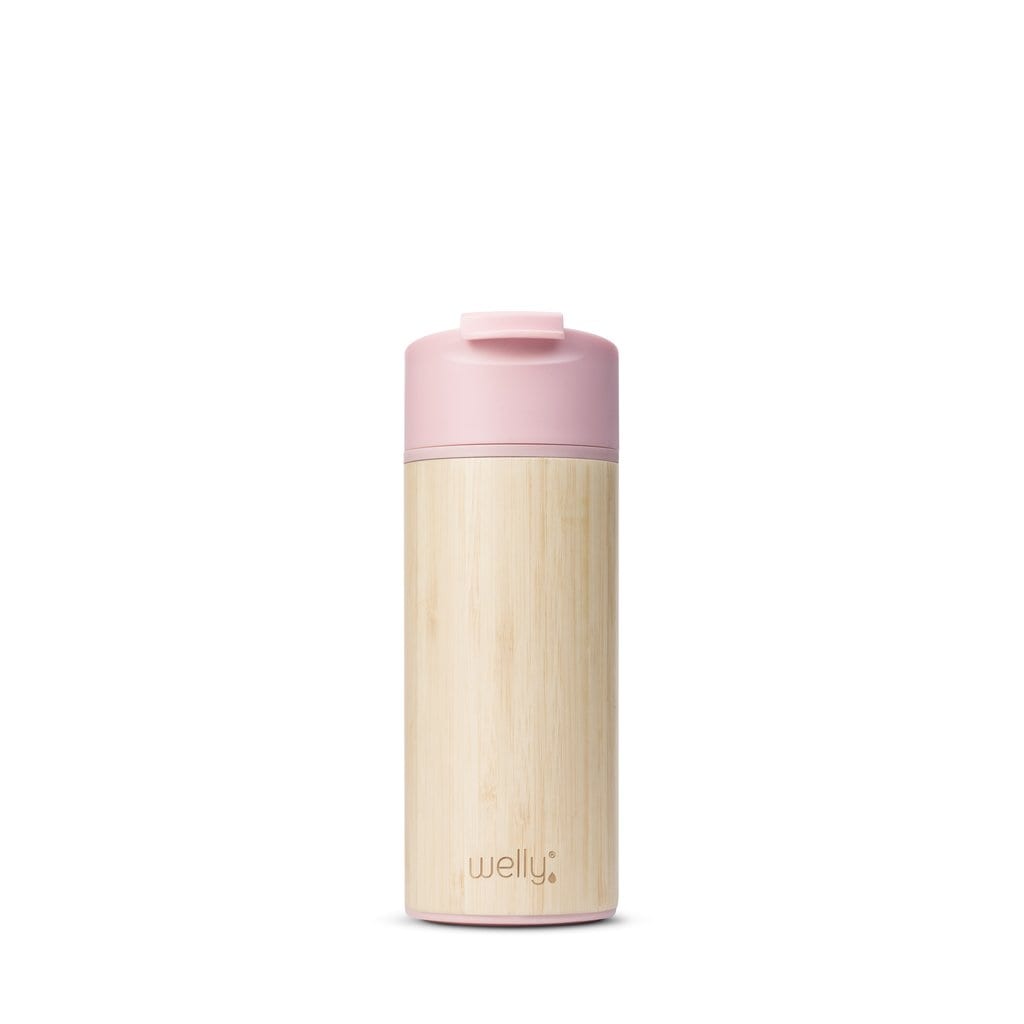 Reusable eco friendly Welly brand Original 12 oz rose colored mug made from bamboo and stainless steel.
