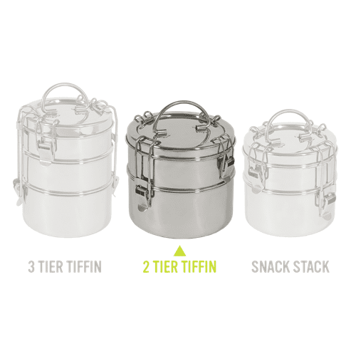 To Go Ware brand two tier tiffin lunch box set made of stainless steel; has two separate food compartments that clasp together and can be carried as one unit