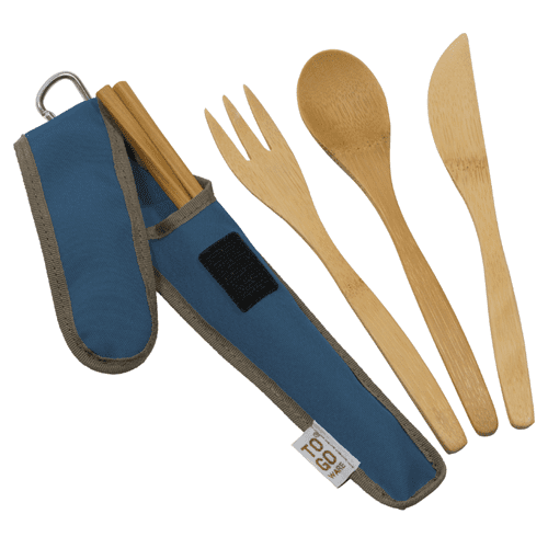 To Go Ware brand bamboo utensil set featuring fork, spoon, knife, and chopsticks; comes with a velcro carrying case and handy carabiner
