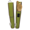 To Go Ware brand responsibly sourced bamboo fork, spoon, knife, and chopsticks; comes with a green carrying case, made with recycled materials, and has attached carabiner
