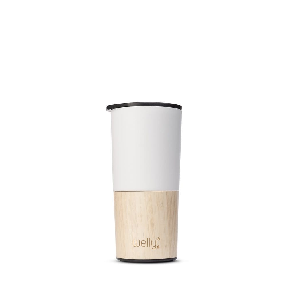 Eco friendly Welly brand bamboo and stainless steel insulated 16 ounce white tumbler.