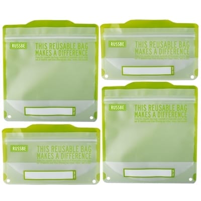 RussBe brand reusable bags in green; two snack bags and two sandwich bags