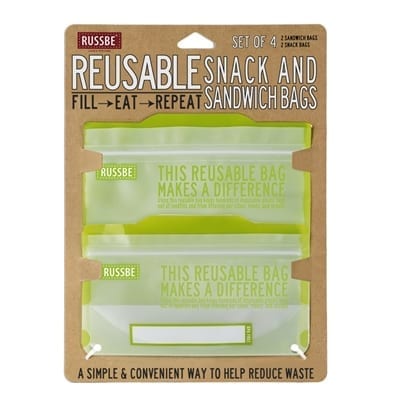 RussBe brand reusable snack and sandwich bags in green shown in their packaging