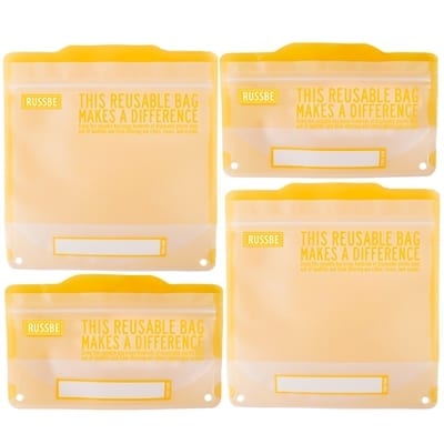 RussBe brand reusable bags in yellow; two snack bags and two sandwich bags