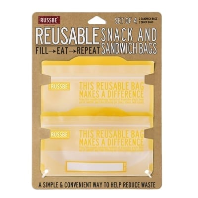 RussBe brand reusable snack and sandwich bags in yellow shown in their packaging