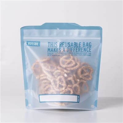 RussBe brand reusable sandwich bag in blue and filled with pretzels.