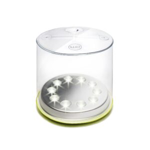 Mpowerd brand inflatable solar powered light with inflatable, clear top and green base.