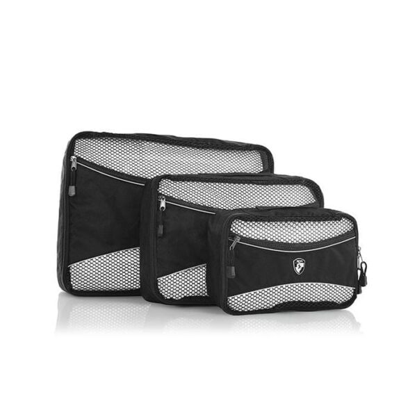 The earth-friendly 3 piece packing cube set, shown here in black, is made by Heys Luggage using 100% recycled fabric made from landfill-bound plastic bottles. Displayed here in large, medium, and small.