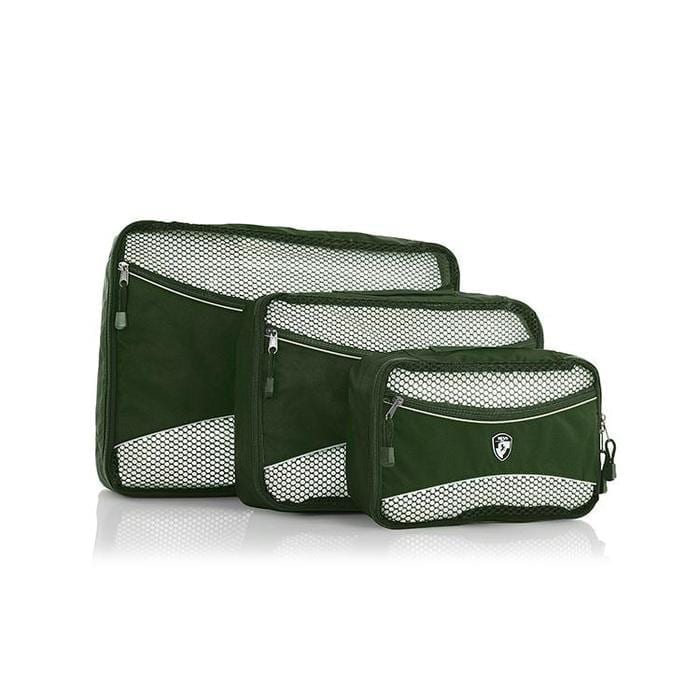 Sustainable Heys Luggage brand Ecotex recycled plastic 3 piece green packing cube displayed smallest to largest.