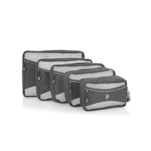 Sustainable Heys Luggage brand Ecotex recycled plastic 5 piece grey packing cube displayed smallest to largest.