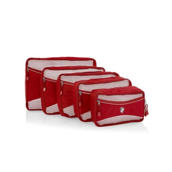 Sustainable Heys Luggage brand Ecotex recycled plastic 5 piece red packing cube displayed smallest to largest. Made from recycled water bottle fabric.