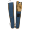 To Go Ware brand responsibly sourced bamboo fork, spoon, knife, and chopsticks; the carrying case has a velcro closure, an attached carabiner, and is made with recycled materials