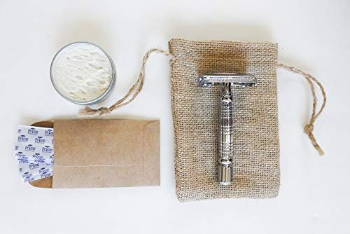 Albatross brand eco friendly stainless steel butterfly razor with Natural Eucalyptus Shave Soap.