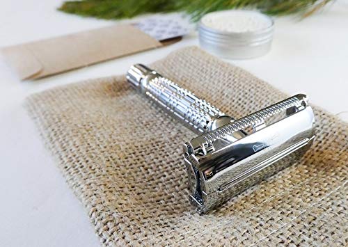 Albatross brand eco friendly plastic-free stainless steel flagship butterfly safety razor close up display on sustainable burlap bag.
