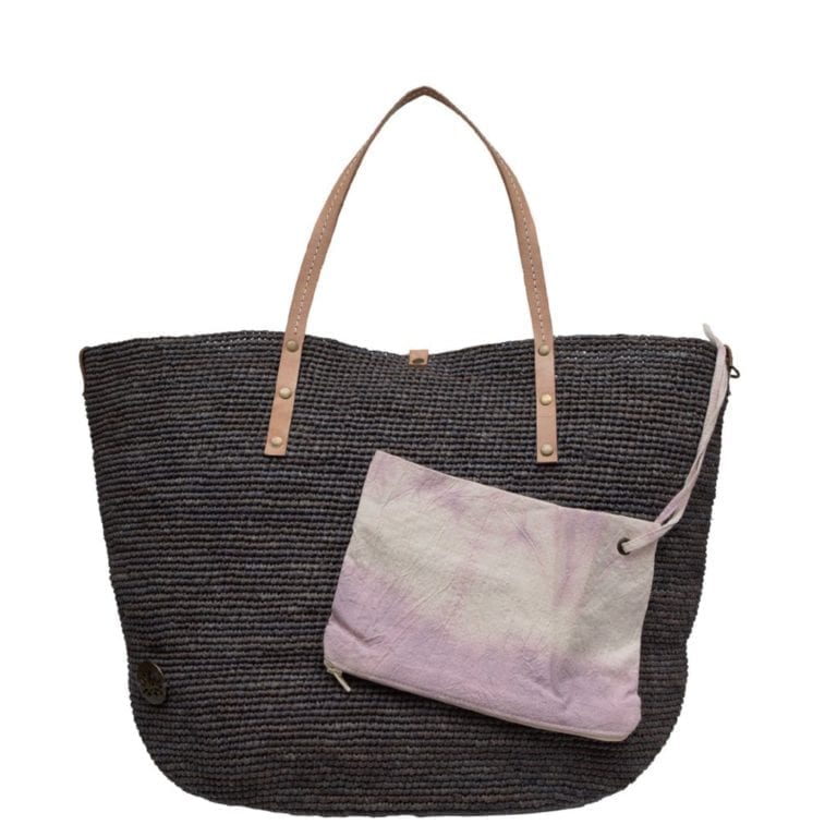 Global Goods Partners brand tote made of sustainably harvested blue raffia palm fiber, includes leather handles and removable interior pocket