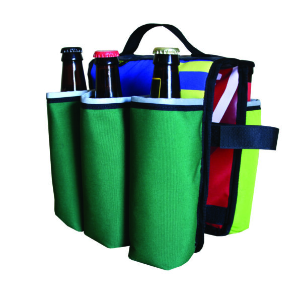 Side display of eco friendly Green Guru Gear brand Sixer 6-pack Top Tube Holder, loaded up with bottle brews, made from upcycled bicycle inner tubes, repurposed nylon fabric, and 18oz vinyl waterproof tarp.