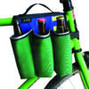 Side display of eco friendly Green Guru Gear brand Sixer 6-pack Top Tube Holder, loaded up with bottle brews, mounted on bright green bike.  Product is made from upcycled bicycle inner tubes, repurposed nylon fabric, and 18oz vinyl waterproof tarp.