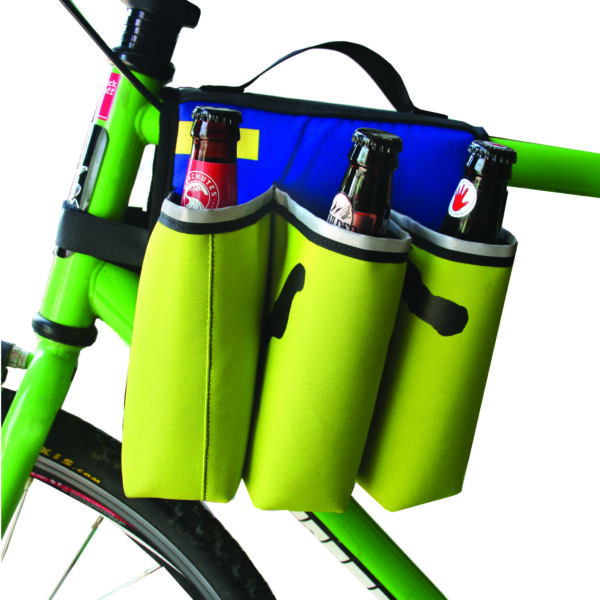 Side display of eco friendly Green Guru Gear brand Sixer 6-pack Top Tube Holder, loaded up with bottle brews, mounted on bright green bike.  Product is made from upcycled bicycle inner tubes, repurposed nylon fabric, and 18oz vinyl waterproof tarp.