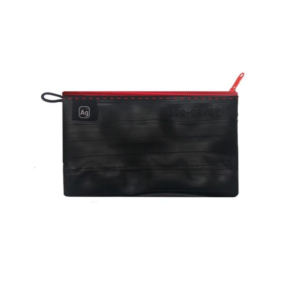 Medium zipper pouch from Alchemy Goods is water resistant and made from upcycled inner tubes; shown in black with red zipper.