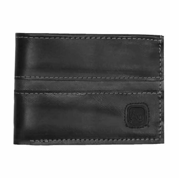 The Franklin wallet by Alchemy Goods is made entirely of upcycled bicycle inner tubes; shown with silver stitching.