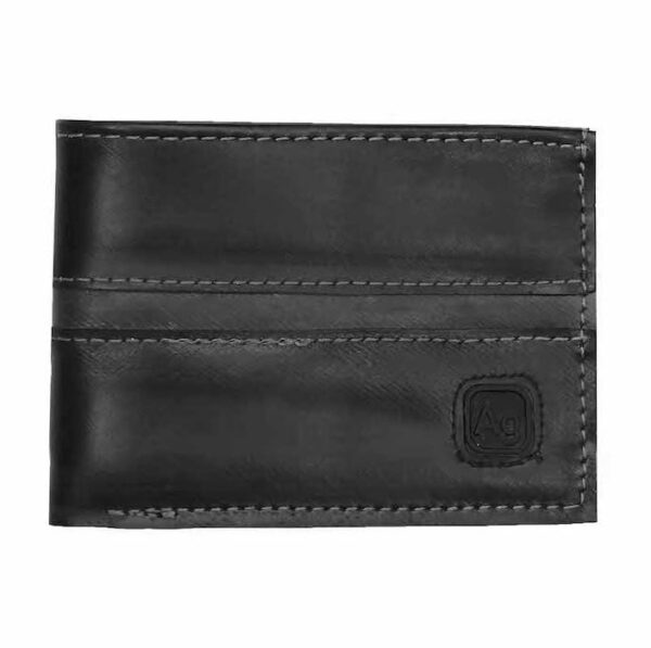 The Franklin wallet by Alchemy Goods is made entirely of upcycled bicycle inner tubes; shown with silver stitching.