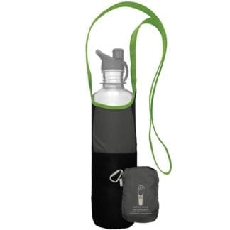 Product display of the Limestone color Chico Bag brand bottle sling bag holding a clear bottle with a folded up bottle sling bag in front to show the minimalist size and style.