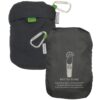 Product display of two eco friendly Chico Bag brand bottle sling bags in a folded up positions to show the minimalist size featuring a small silver carabiner on each and quick facts on the back side of pouch.